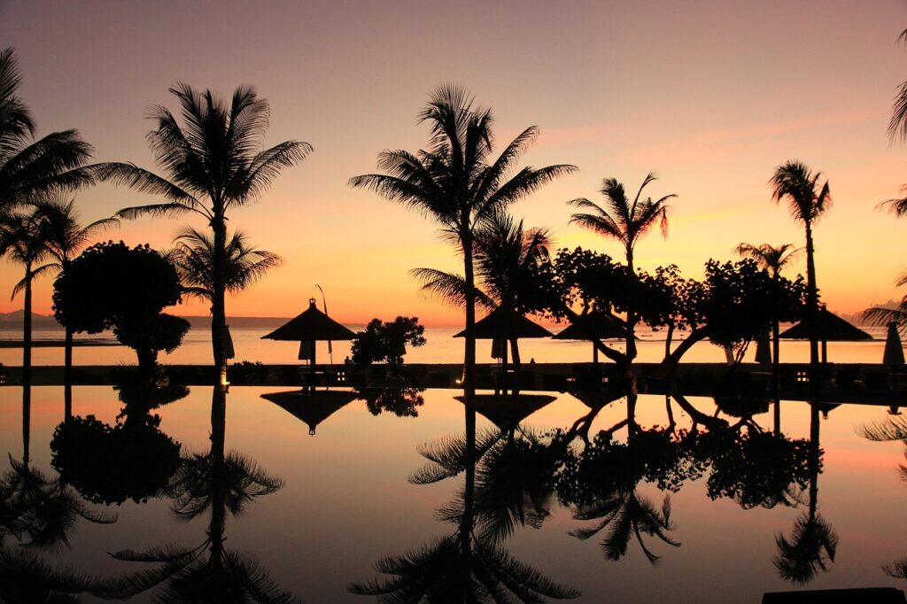 bali, nature wallpaper, palm trees, sunset, travel, hd wallpaper, nature, indonesia, swimming pool, beautiful nature, vacations, nature background, beach, 4k wallpaper, destination